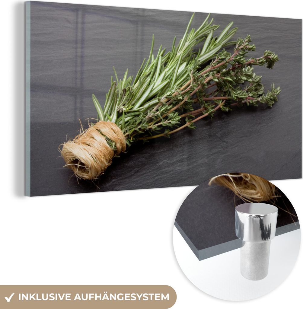 MuchoWow Glasbilder - Bilder auf Wandbild - Foto auf Glas Thymian - Kräuter - Grün - Tisch - Küche - Stein 80x40 cm Wanddekoration aus Glas - Ac...