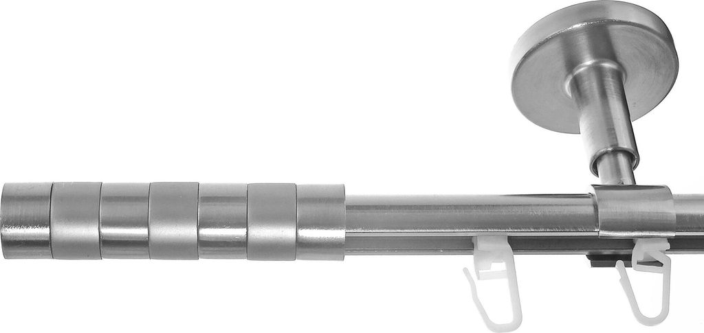Innenlauf Gardinenstange Edelstahl look, Durchmesser 16mm, Deckenträger D70, 1-läufig, Länge 360, Endkappe E12