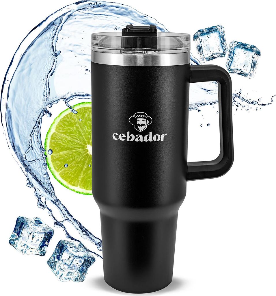Cebador Flow XXL Thermobecher mit Griff und Strohhalm 1,2 l – Edelstahl Isolierbecher, Mattschwarz
