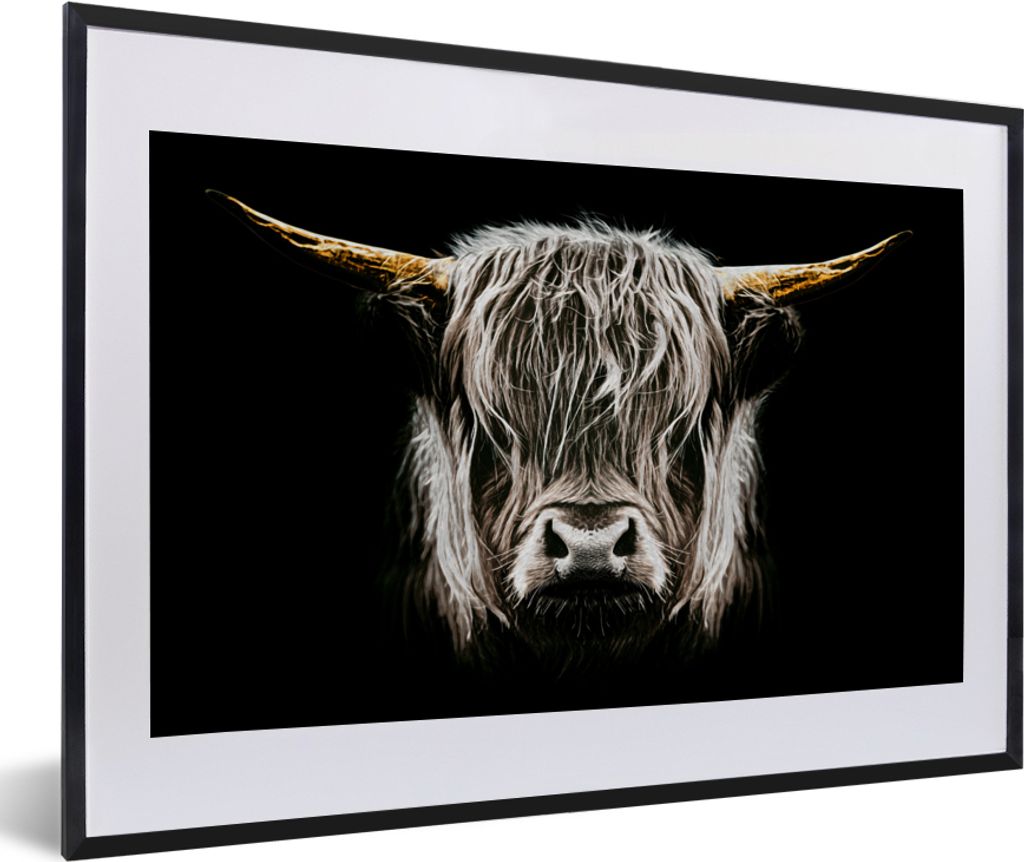 MuchoWow Gerahmtes Poster Schottischer Highlander - Gold - Hörner - Schwarz und weiß - Kuh - Tiere 60x40 cm - Poster mit Schwarzem Bilderrahmen...