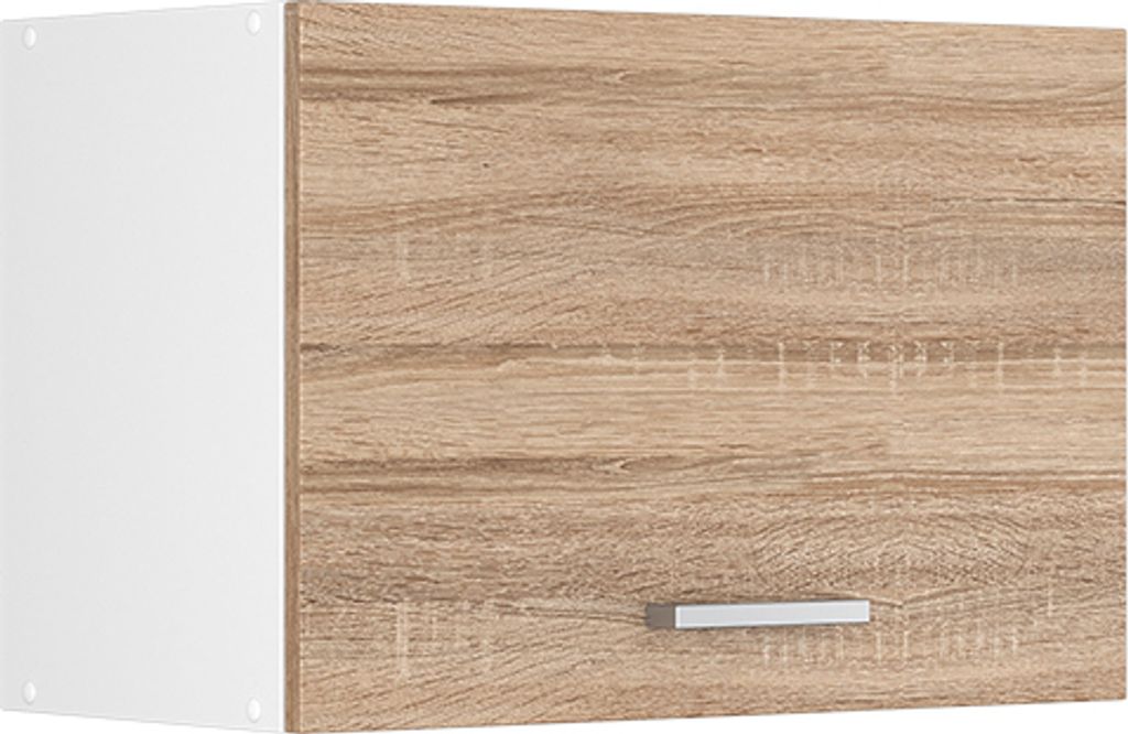 A single wall cabinet with a wood-grain front and a white side, shown against a white background.