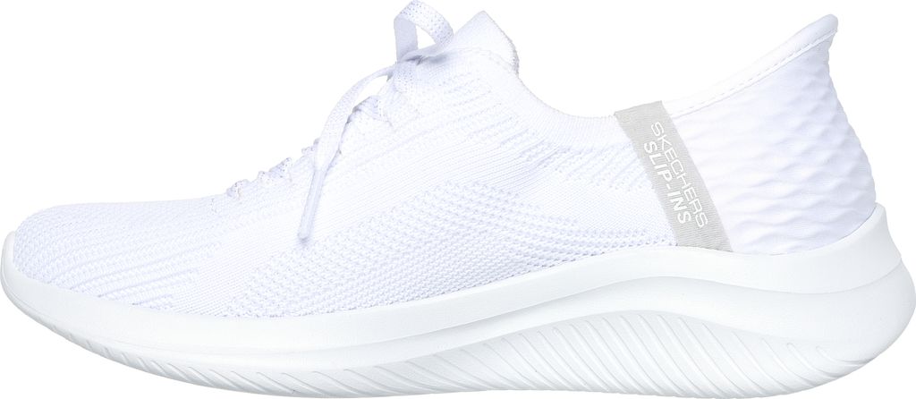 A side view of a white Skechers Slip-ins shoe against a white background.