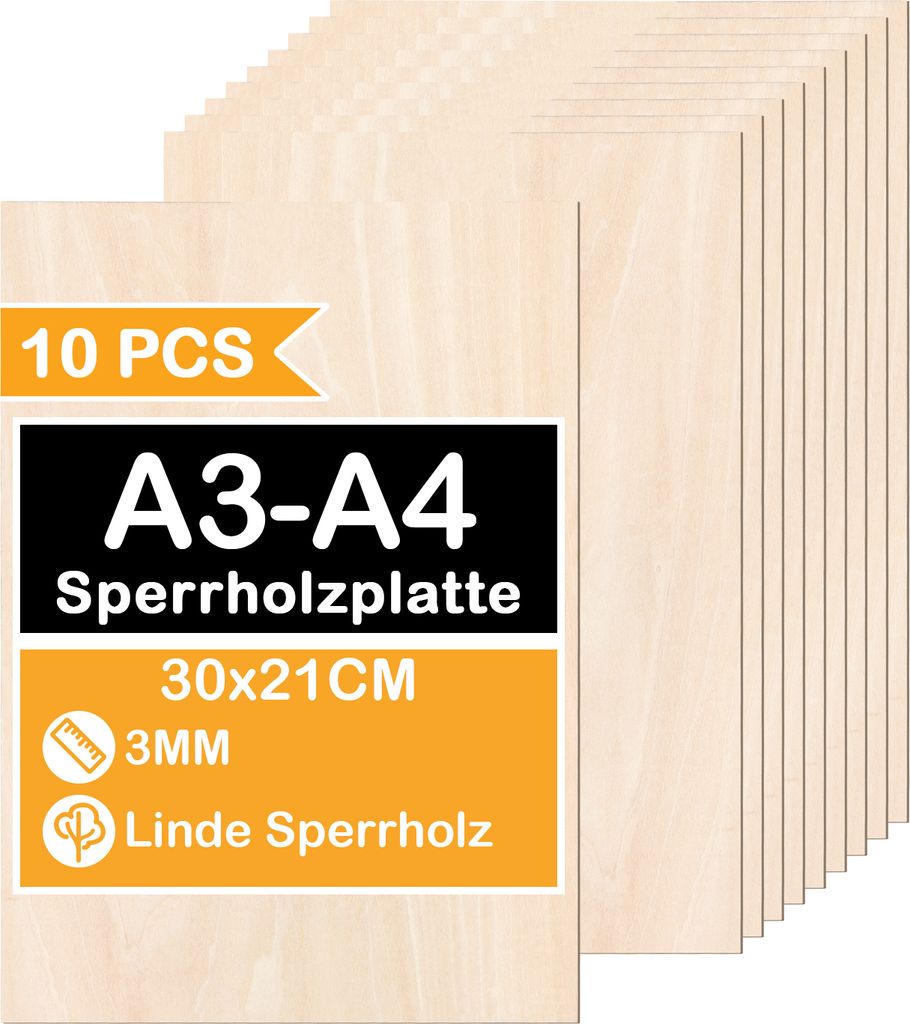 TolleTour 10-50 x A3/A4 Holz-Platte | 420 x 300 x 3 mm | Dünne Sperrholz-Zuschnitte | Perfektes Blatt für Laubsäge, Brandmalerei, Laserschnitt, ...
