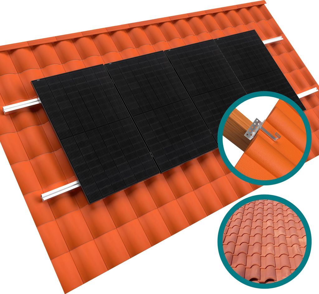 4x Basis‐Montageset Ziegeldach schwarz – for Solarmodule, Schrägdach, Ziegel/Pfannen, PV-Halterung, PV-Montageset, Dach Solar Anlage