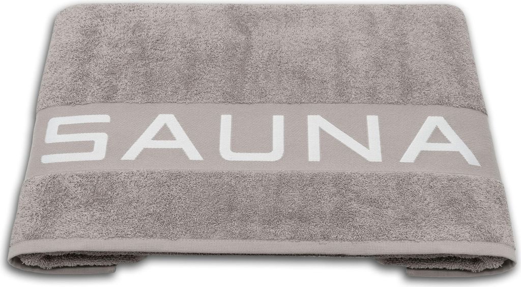 Saunatuch 100% Baumwolle, 80x200 cm, grau mit Schrift "SAUNA"