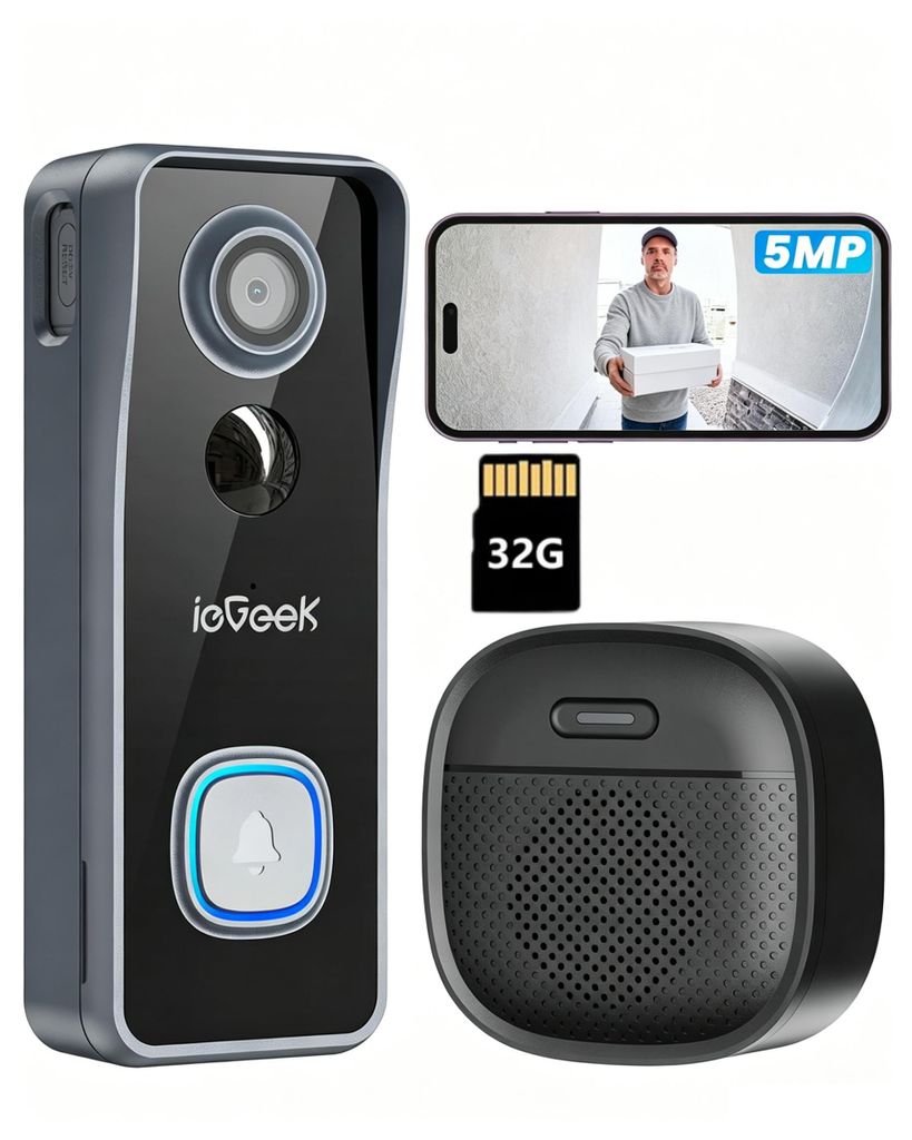 ieGeek 5MP WLAN Video Türklingel mit Kamera 2,5K-HD-Funkklingel mit Kamera Alexa-kompatibel Nachtsicht PIR Bewegungserkennung 2-Way Audio mit 32GK...