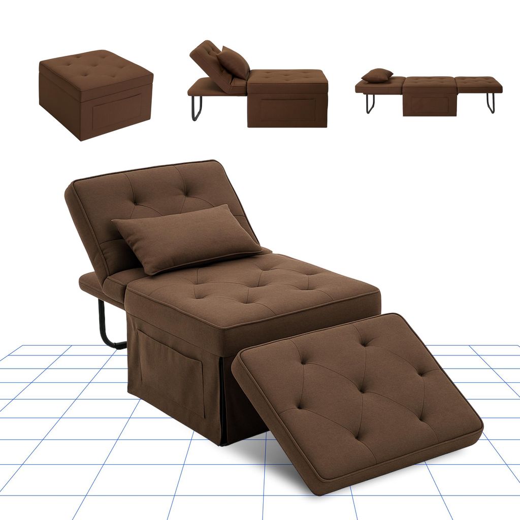 A collage of images showing a brown convertible sofa bed in various configurations, including a folded ottoman, a reclined chair, and a fully extended bed.