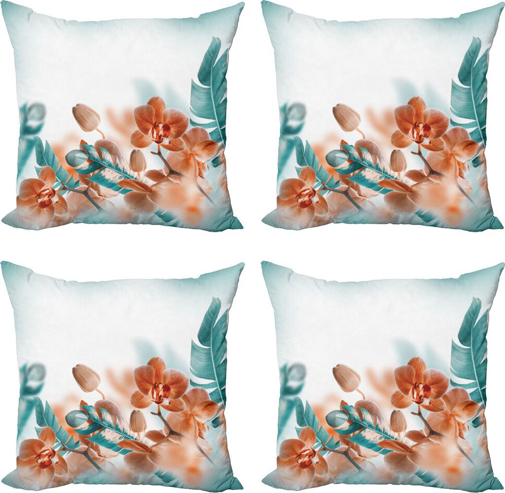 ABAKUHAUS Tropisch Kissenbezug Set (4 Stück), Orchideen-Blüten Blumen, Moderner Doppelseitiger Digitaldruck, 40 cm x 40 cm, Orange Teal