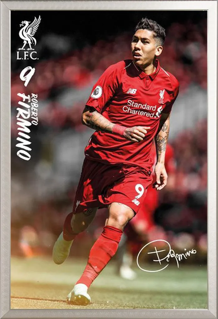 Calcio - Poster - Liverpool FC - Firmino 18/19 + cornice rimovibile, Shinsuke® Maxi alluminio argento, vetro acrilico