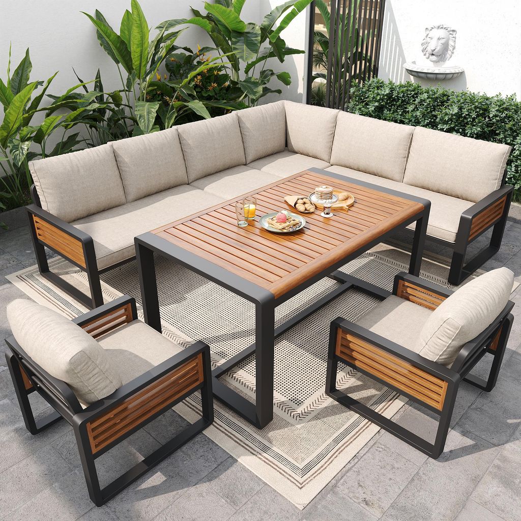 Merax Garten-Lounge-Set aus Akazienholz & Metall, 8 Personen Möbelset mit Esstisch, Ergonomische Kissen, Atmungsaktiv & Spritzwassergeschützt, Beige