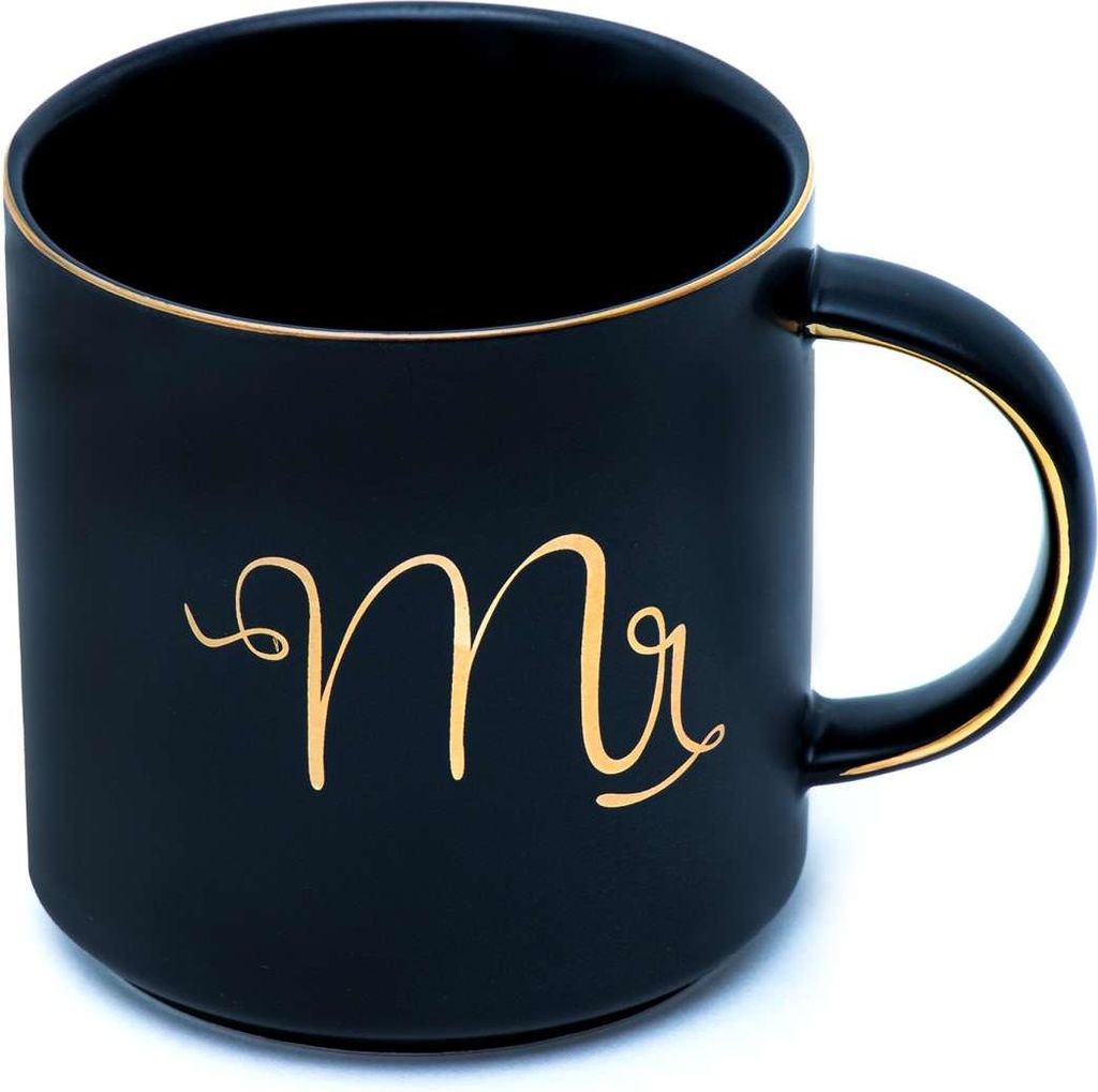 Intirilife Kaffeetasse in Schwarz mit Goldrand und Aufschrift Mr - 300 ml Füllmenge - Teetasse Geschenk Becher mit Henkel Hochzeit