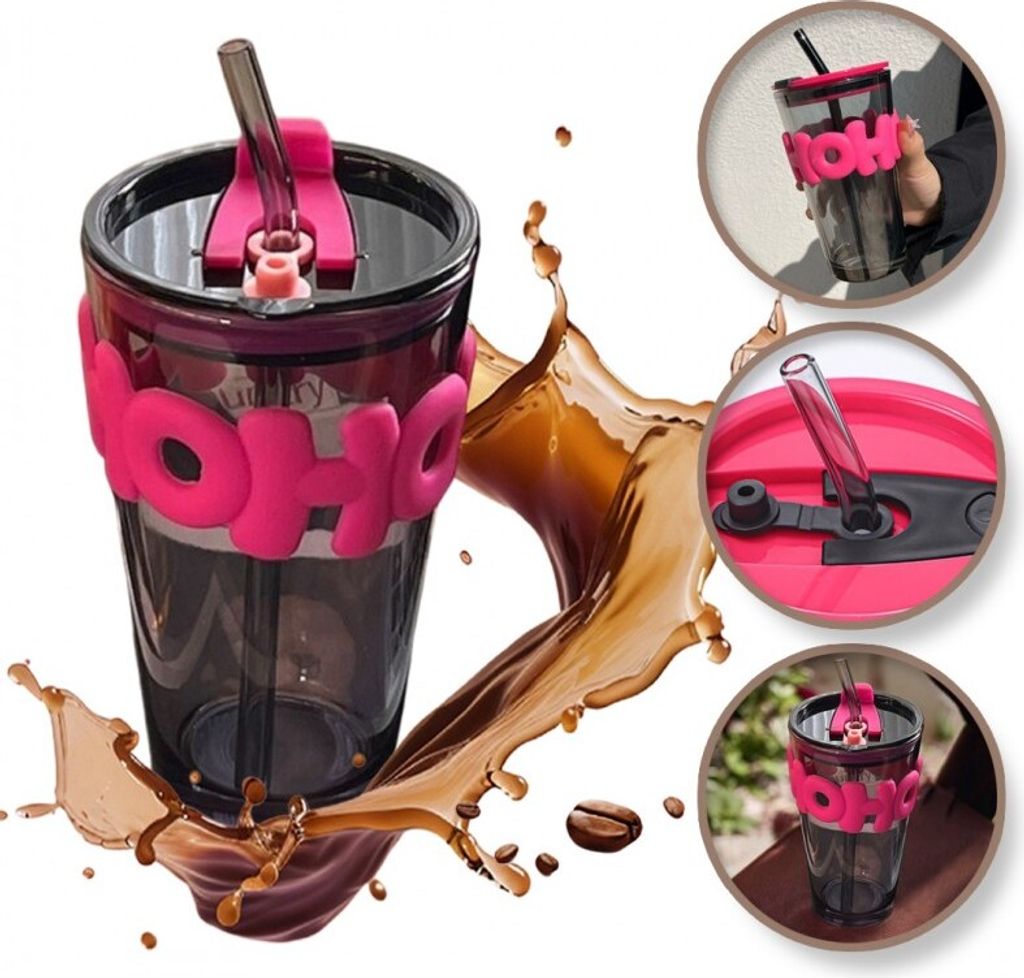 Kaffee- und Teetasse aus farbigem Glas mit Strohhalm und Deckel 400 ml Becher14