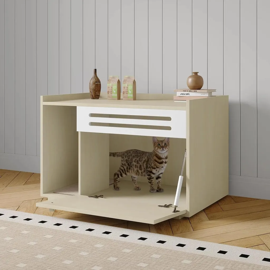 Table d'appoint pour salon avec cache-litière chat intégré en bois