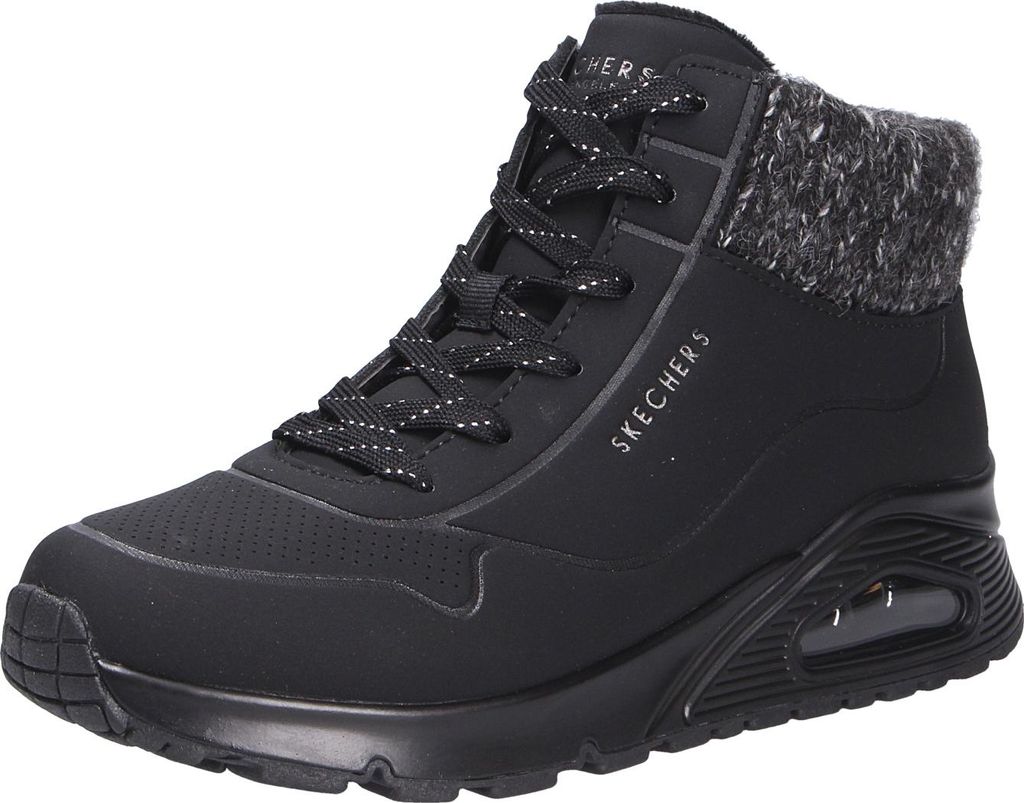 A black Skechers high-top sneaker with a gray knitted collar.