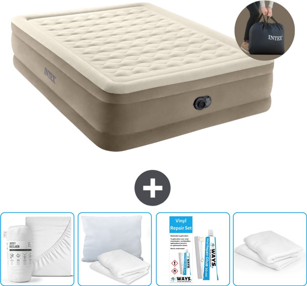 Intex Luftbett - 2 Personen - 152 x 203 x 46 cm - Beige - Inklusive Pumpe - Spannbettuch - Küssen - Reperaturset en Kissenschutz