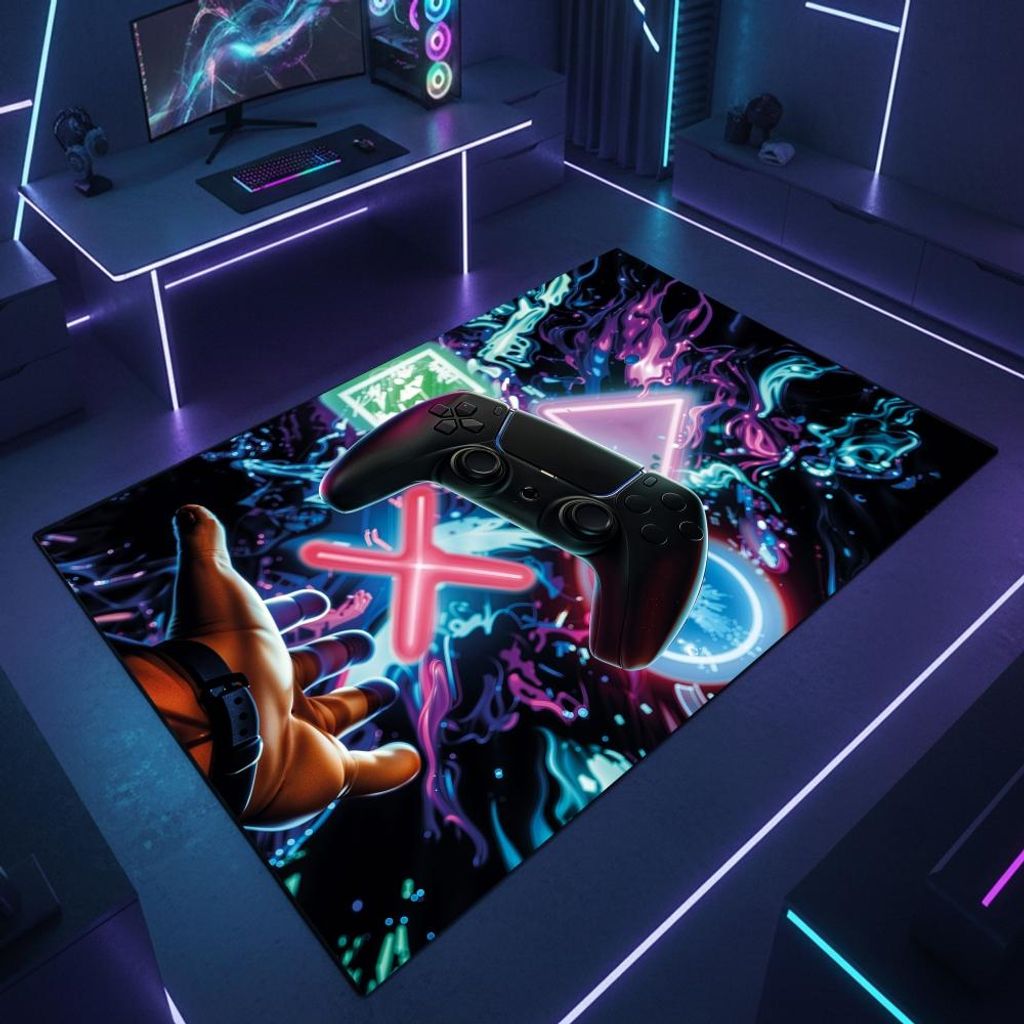Gaming-Teppich mit lebendigen neon-farbigen Symbolen und schwebendem Controller Größe - 120 cm Rund