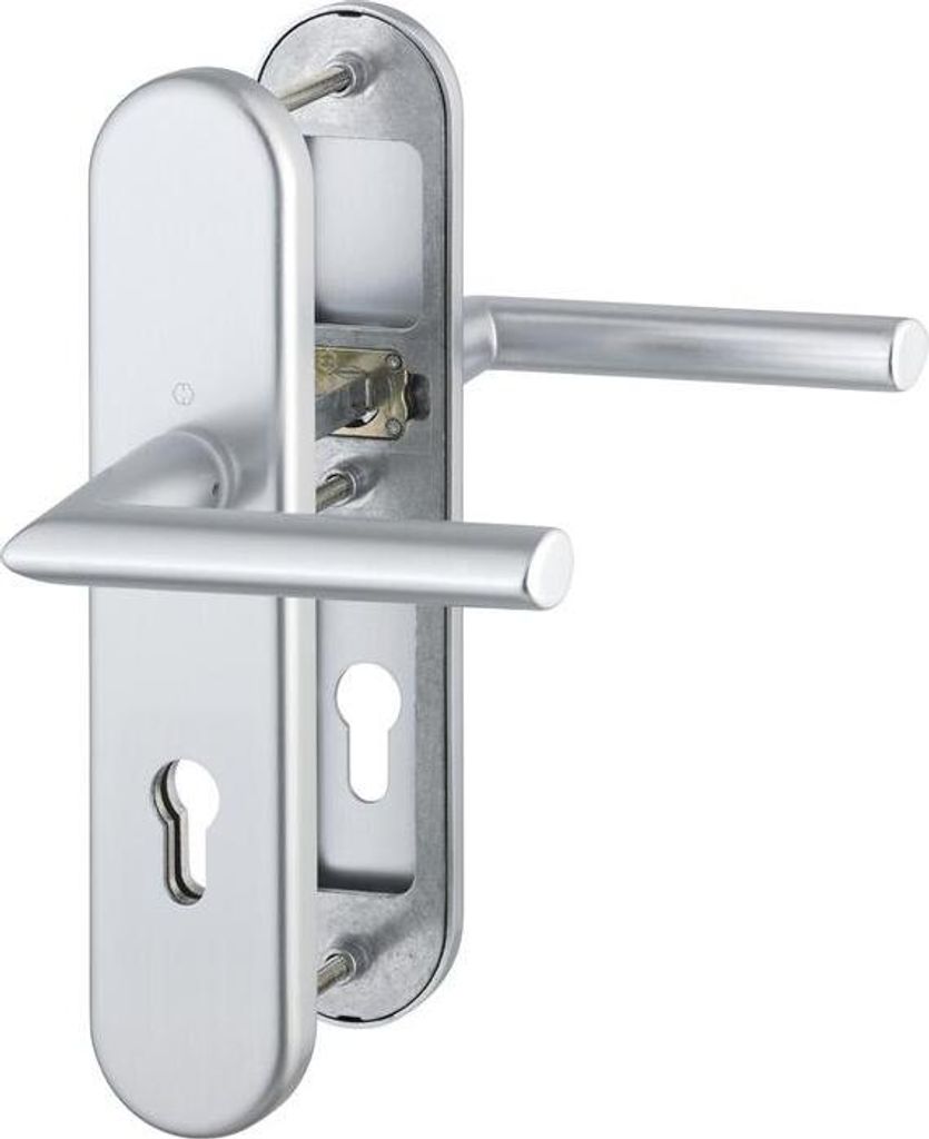 A silver door handle set with a keyhole is shown against a white background.