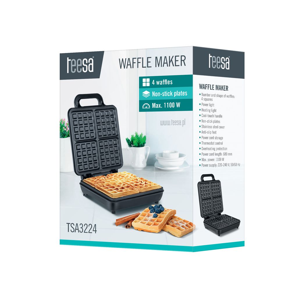 Teesa TSA3224, 4 vafle/vaflí, Čtverec, Černá, Nerezová Obrázek produktu 