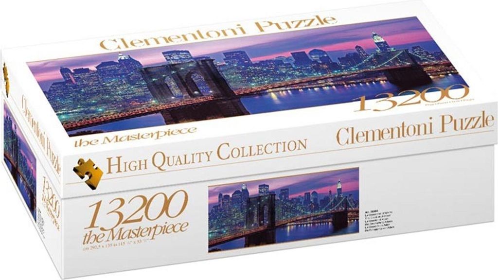 A product box for a Clementoni puzzle featuring an image of the Brooklyn Bridge at night.