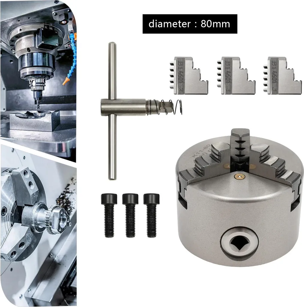 Mandrino - 3 ganasce autocentrante - 80 mm - Manuale - Per CNC e macchine utensili - Argento - 9