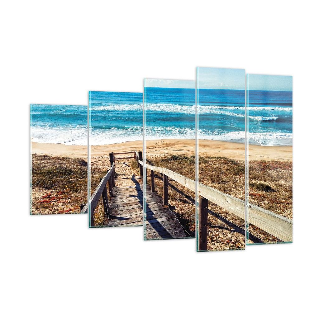 Bilder auf glas - 5 Teile - Meer Strand Eintritt - 150x100cm - Glasbilder - Wandbilder - Bilder - zum Aufhängen bereit - Wanddekoration aus Glas -...