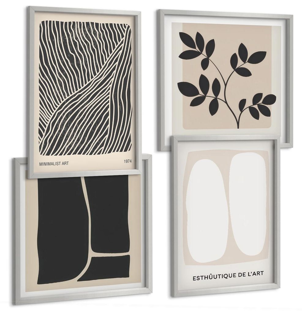 Bilder Set 4-teilig im silbergerahmten Rahmen – Wandbilder 4 Stück – gerahmte Poster für Wohnzimmer, Schlafzimmer und Flur – 50x50 cm - 40x...