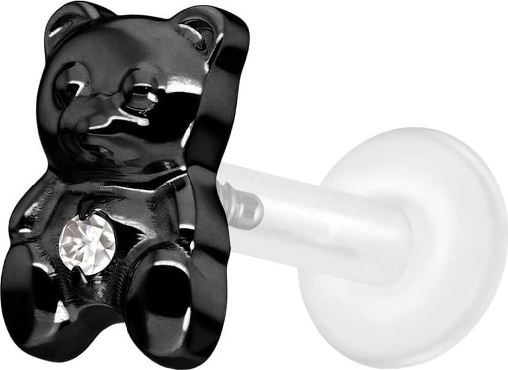 Ohrpiercing, Nasenpiercing PTFE Labret mit Innengewinde + Titan-Aufsatz TEDDYBÄR Schwarz Stablänge: 8mm | Stabstärke: 1,6mm