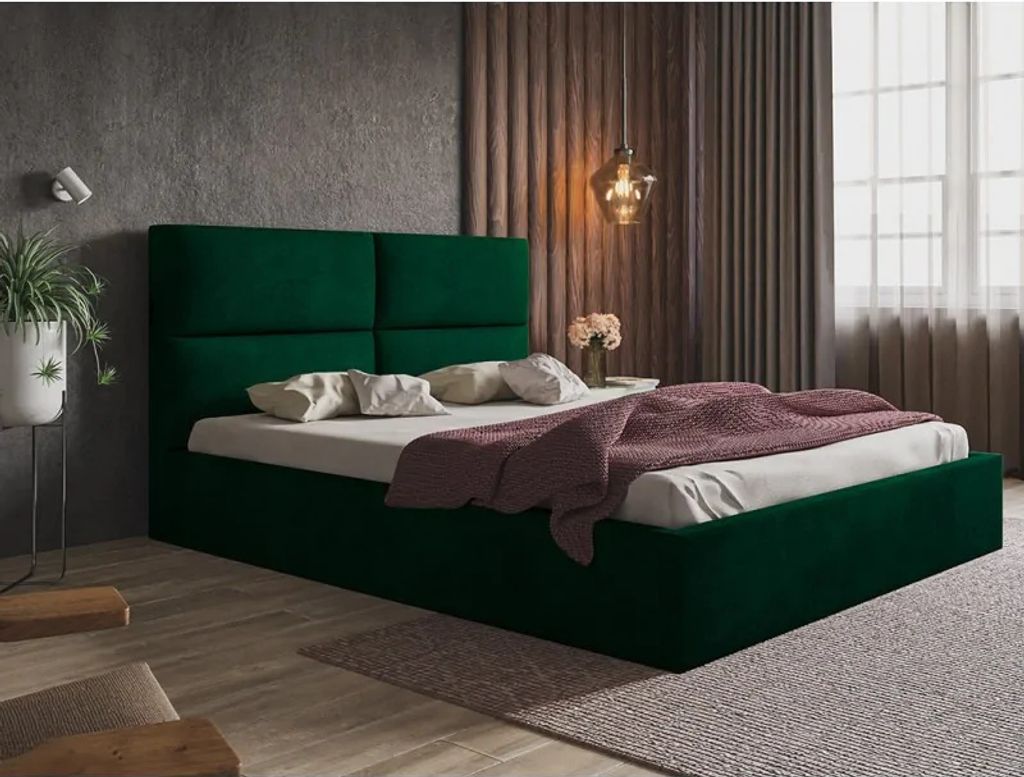 Polsterbett SIM 6 mit Kopfteil, 160x200 cm, Doppelbett mit Bettkasten und Lattenrost aus Holz, Velourstoff, Farbe: Grün
