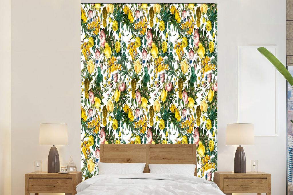MuchoWow Fototapete für Wohnzimmer oder Schlafzimmer Wandtapete Vinyl Motivtapete Rosen - Sonnenblume - Gelb - Blumen - 145x220 cm - Wanddekoration