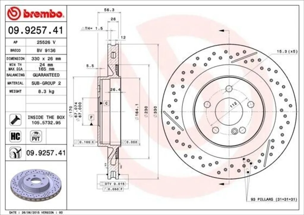 Disque de frein Brembo 09.9257.41 pour Mercedes CLK A209 et SLK R171