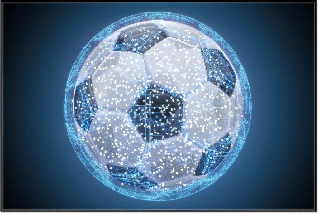 Wallario Wandbild Fußball digital - Netzwerk in blau, Größe: 61 x 91,50 cm, Poster mit schwarzem Aluminiumrahmen