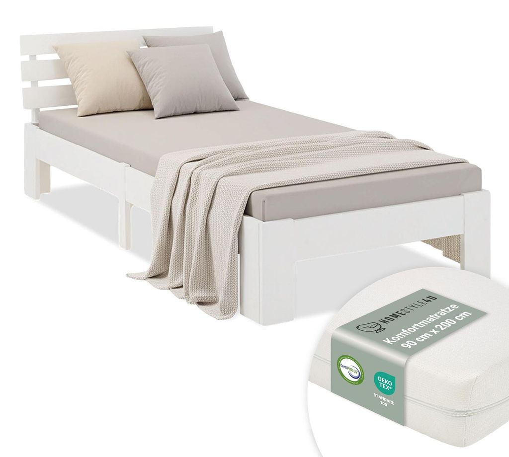 Lit simple en bois 90x200 avec matelas blanc pin Cadre de Image du produit 
