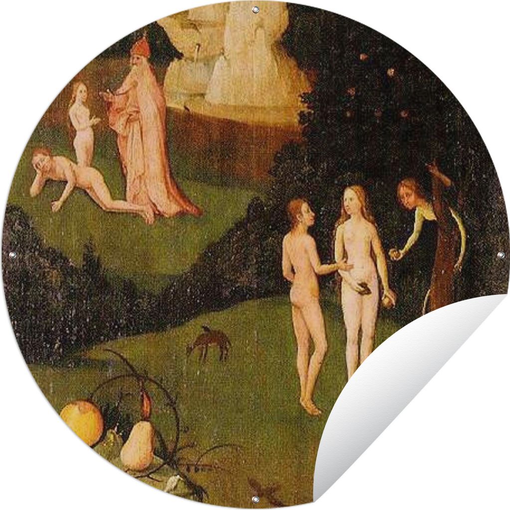 MuchoWow Gartenposter Outdoor-Poster Rund Heuwaage linker Flügel des Triptychons - Gemälde von Hieronymus Bosch Ø 120 cm Gartendeko Rundes Pos...