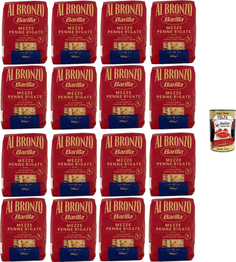 Barilla Al Bronzo Pasta Mezze Penne Rigate Bronze Gezogene Pasta Rohe Verarbeitungsmethode 16x 500gr + Italian Gourmet polpa 400g