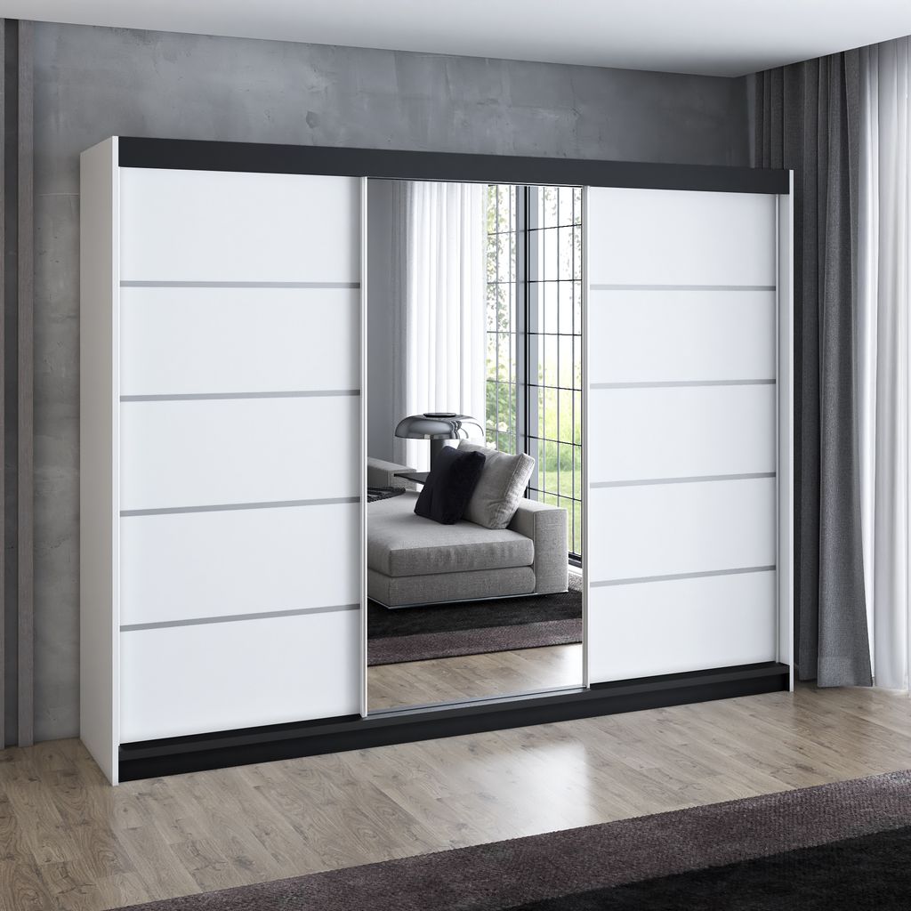 Schwebetürenschrank 200 cm, 3-türig, mit Spiegel & 4 Schubladen, Retro-Stil, modern, in Weiß/Schwarz/Sonoma – Kleiderschrank Velturo 3