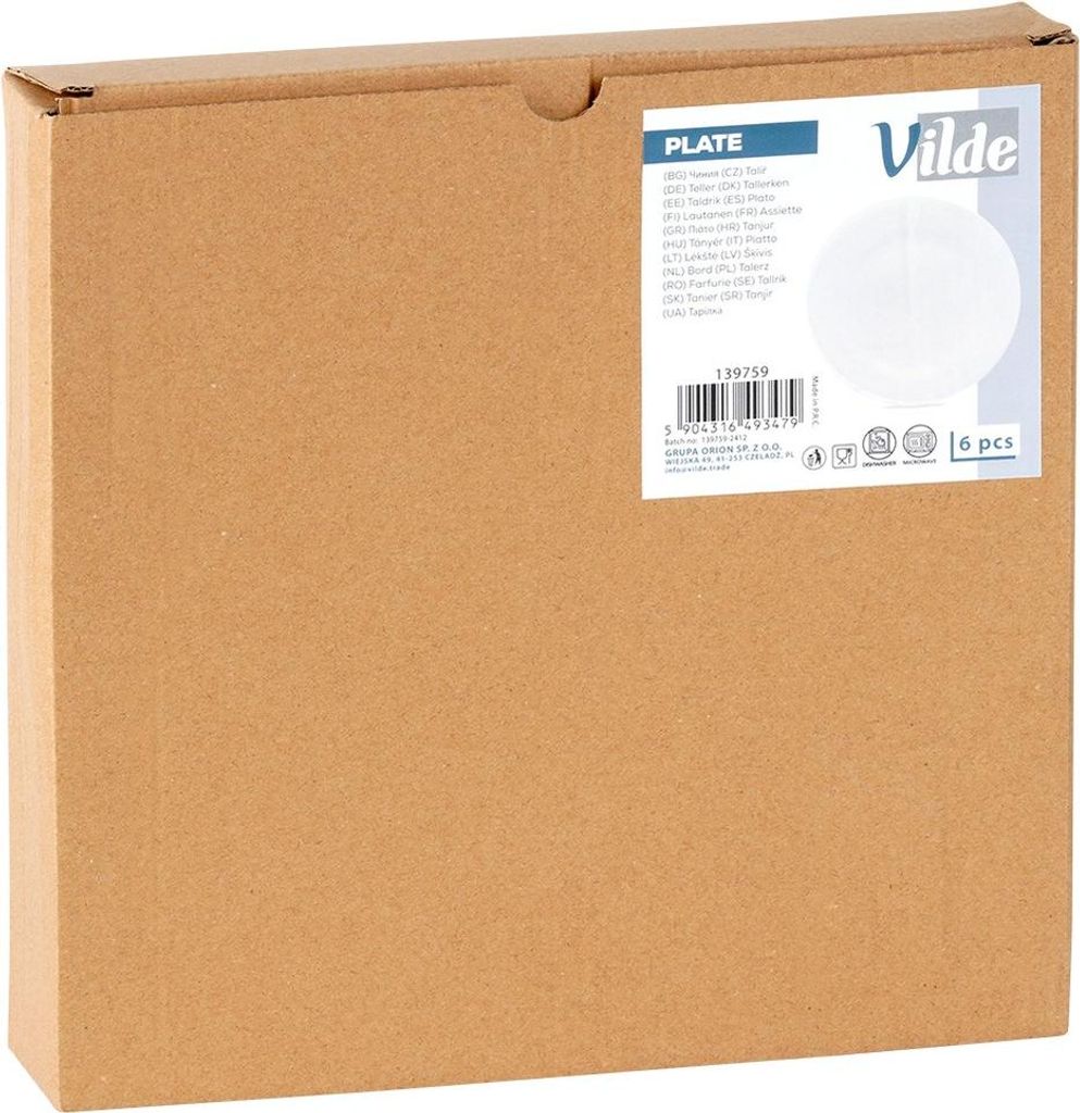 A cardboard box with a label showing product information and a picture of a plate.