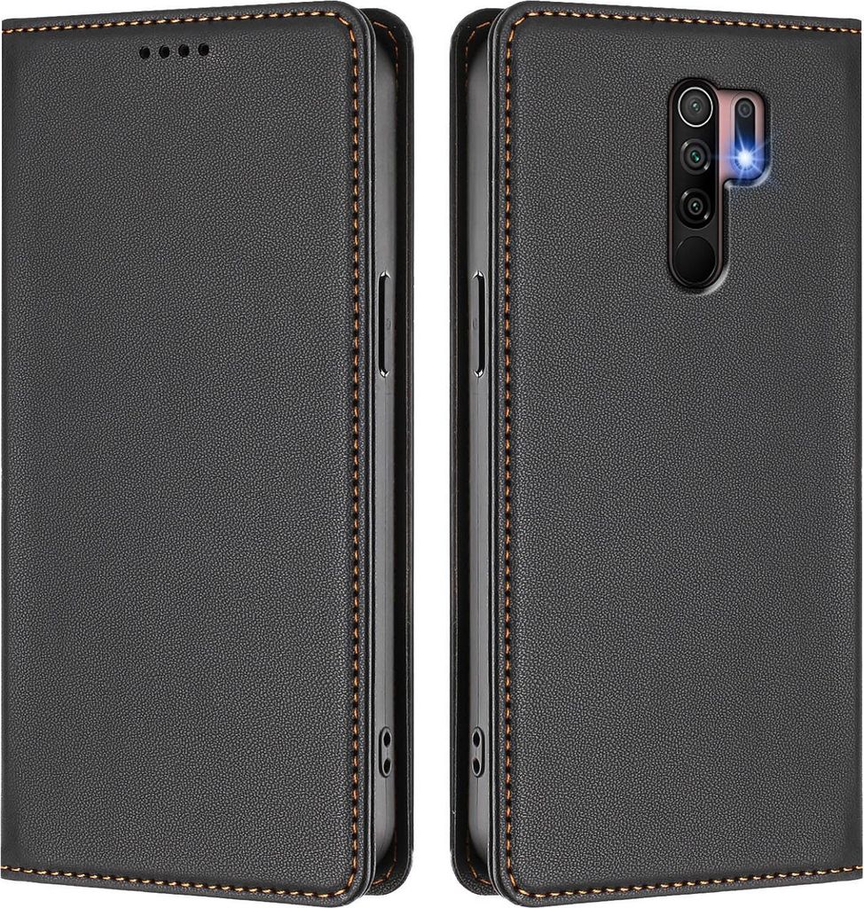 Handyhülle für Xiaomi Redmi 9, Kunstleder Klapphülle Stoßfeste Magnetische Hülle mit Ständer Schwarz