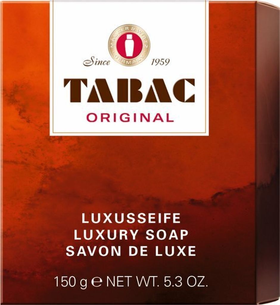The image shows the front of a product box for Tabac Original Luxusseife.