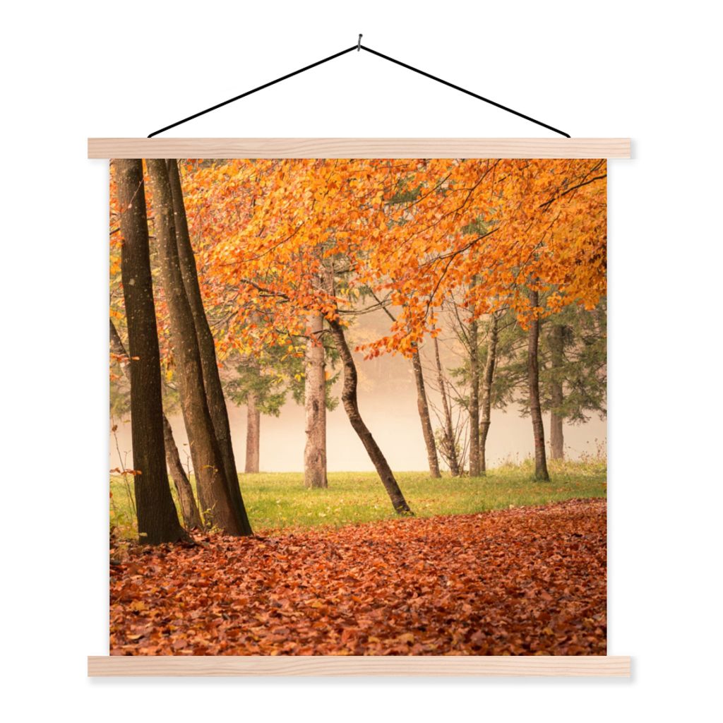 MuchoWow Textilposter Blätter - Herbst - Wald 40x40 cm mit holzfarbenen Rahmen - Posterleiste