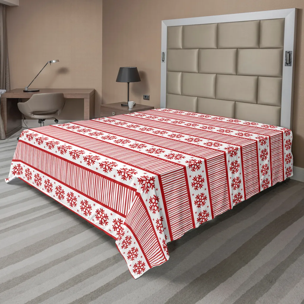 Drap de lit confortable à motif flocons et rayures, 266x260cm Vermillon