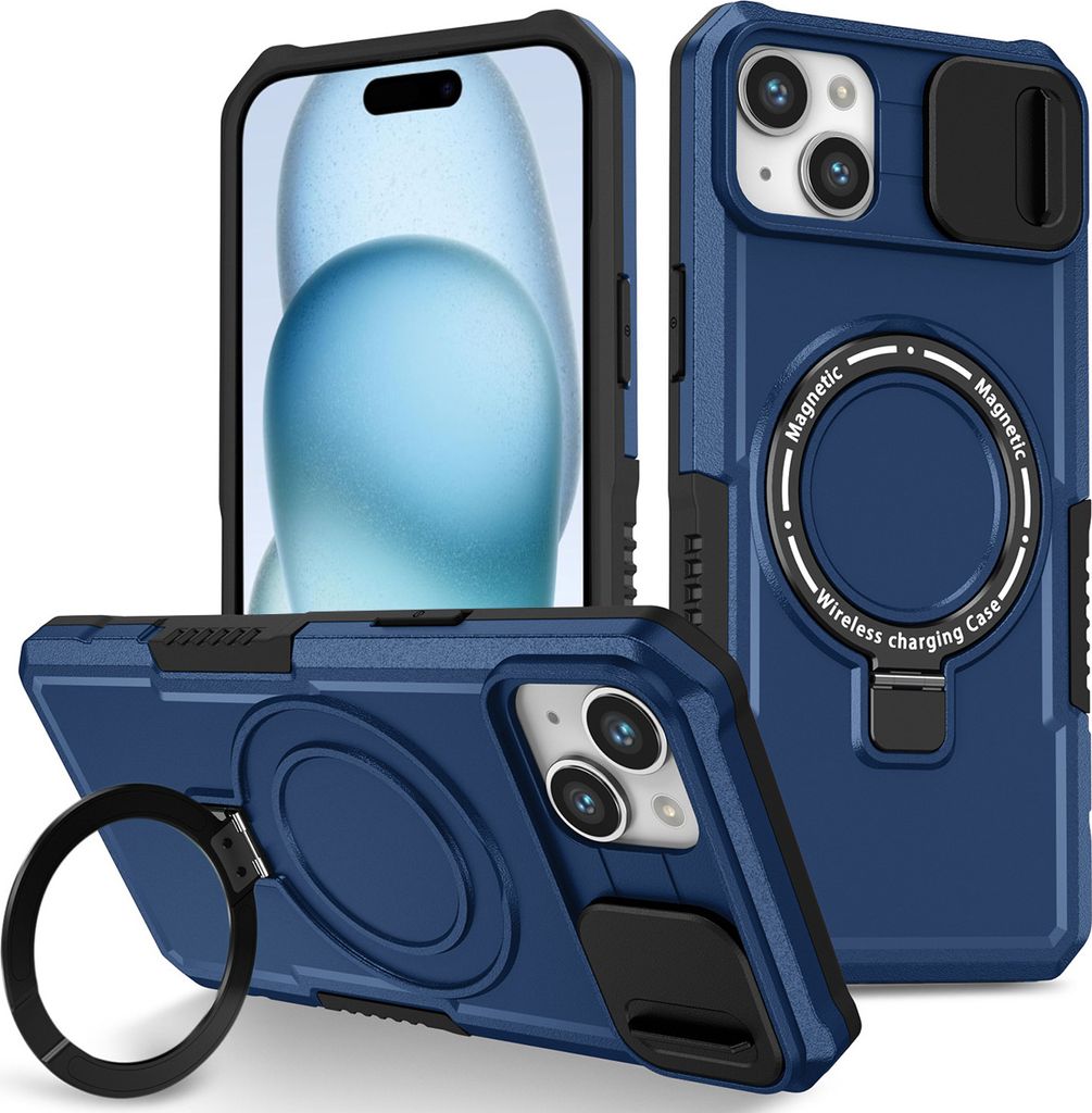 Handyhülle für iPhone 15 /iPhone 14 Kompatibel mit MagSafe, Robuste Hülle mit Schiebe Kamera Schutz, Magnetischer Ringständer Blau