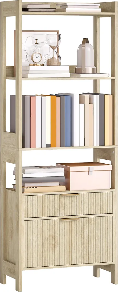 Bibliothèque haute en bois naturel avec 4 étagères et 2 tiroirs cannelés