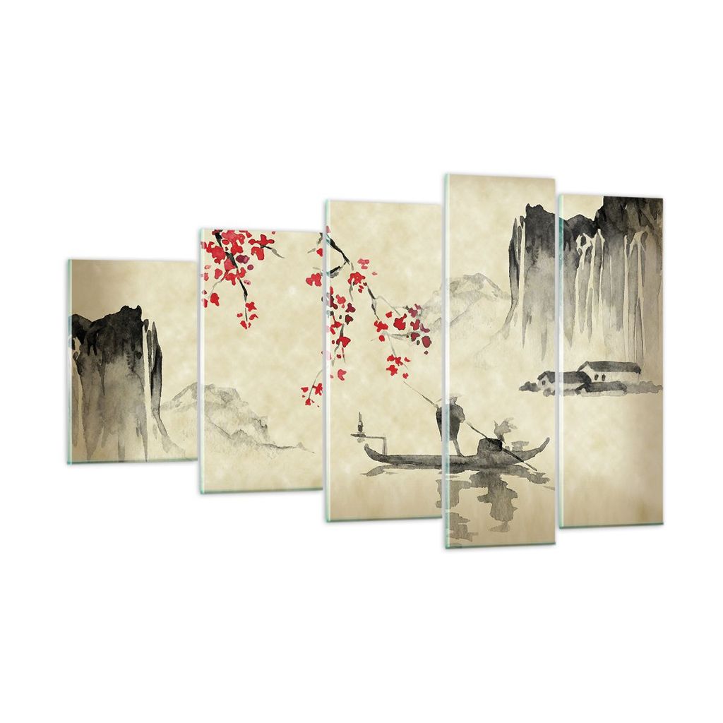 Bilder auf glas - 5 Teile - Blume Kirschen Japan - 100x60cm - Glasbilder - Wandbilder - Bilder - zum Aufhängen bereit - Wanddekoration aus Glas - ...