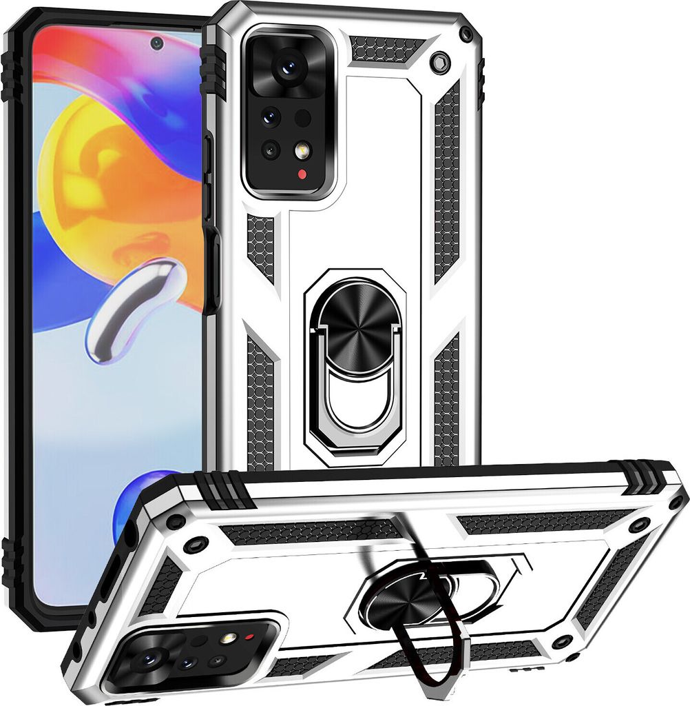 Redmi Note 11 Pro Hülle, Dual Layer Robust Militäre Schutzhülle mit Ringhalterung Ständer für Xiaomi Redmi Note 11 Pro / Note 11 Pro 5G Silber