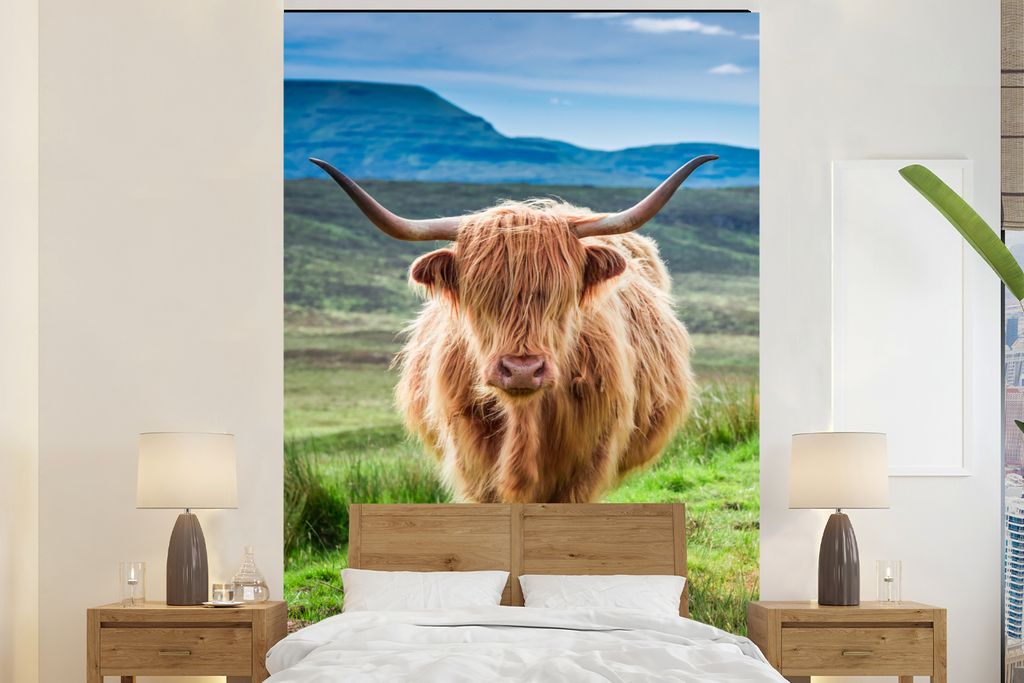 MuchoWow Fototapete für Wohnzimmer oder Schlafzimmer Wandtapete Vinyl Motivtapete Schottischer Hochländer - Kuh - Natur - Berg - Gras - 160x240...