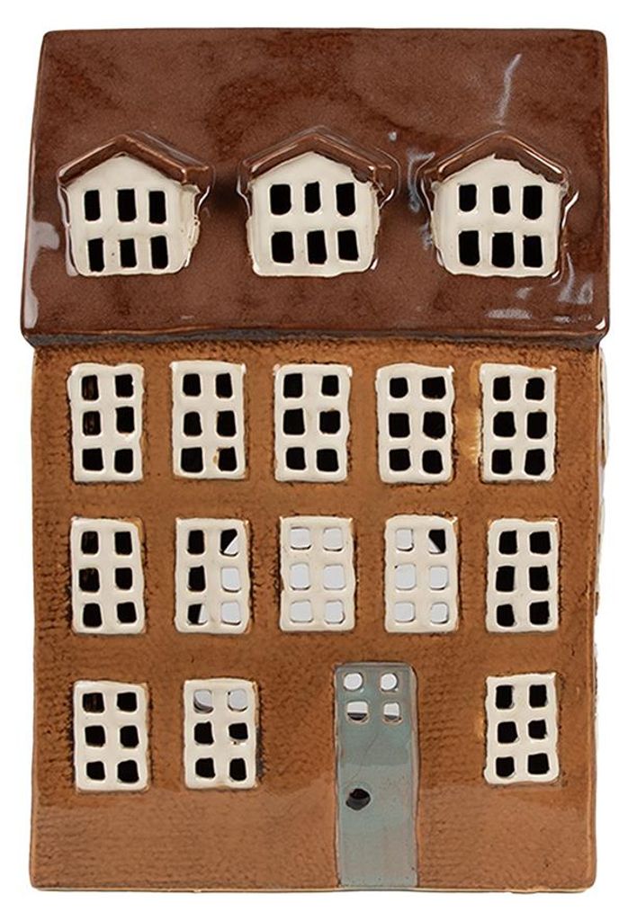 Clayre & Eef theelichthouder Haus, 17x11x24 cm, bruin, Productafbeelding 
