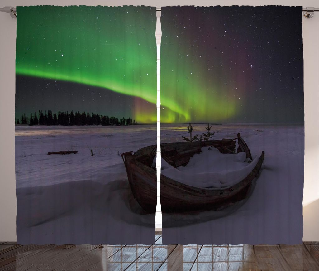 ABAKUHAUS Nordlicht Rustikaler Gardine, Winterlandschaft Holzboot, Schlafzimmer Kräuselband Vorhang mit Schlaufen und Haken, 280 x 225 cm, Blasser...