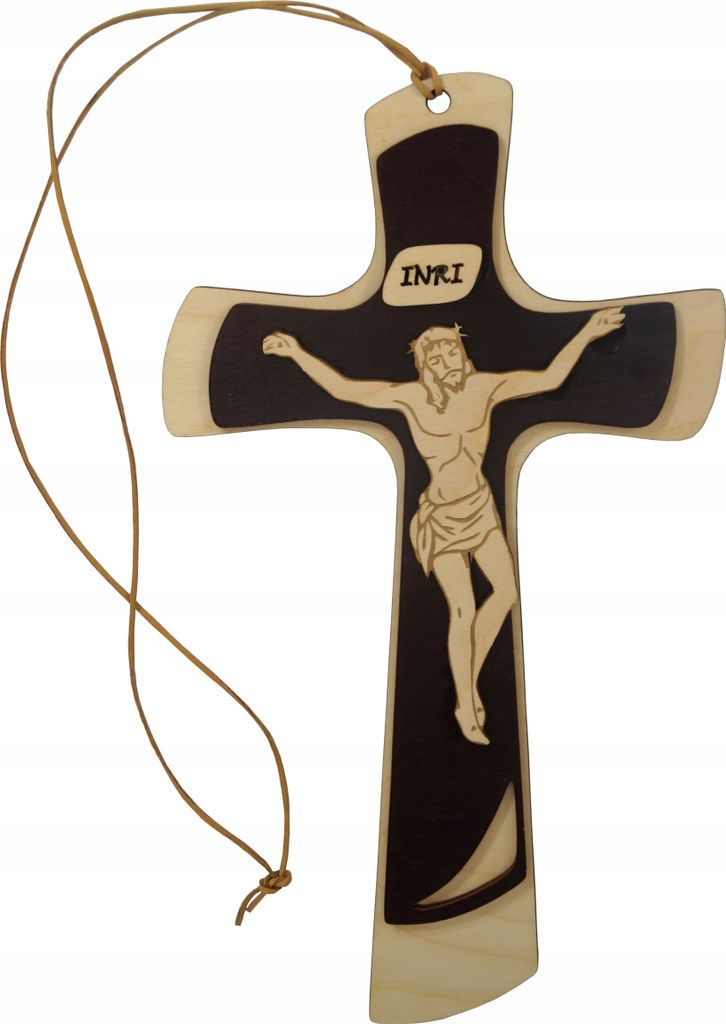 Holzkreuz mit Aufhängung und Riemen, Jesus 30 cm