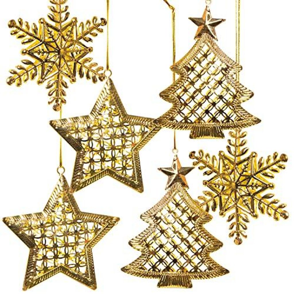 6 Weihnachtsanhänger Baum + Stern + Schneeflocke aus Metall - goldfarben