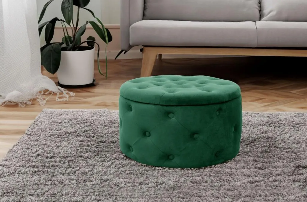 Tabouret en velours vert bouteille SELMIRA avec coffre de stockage chic